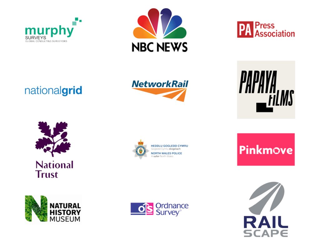 A list of brands RUAS have partnered with: Murphy surveys, NBC News, Press Association, nationalgrid, NetworkRail, Papaya Films, National Trust, North Wales Police, Pinkmove, Natural History, Museum, Ordnance Survey, Railscape.