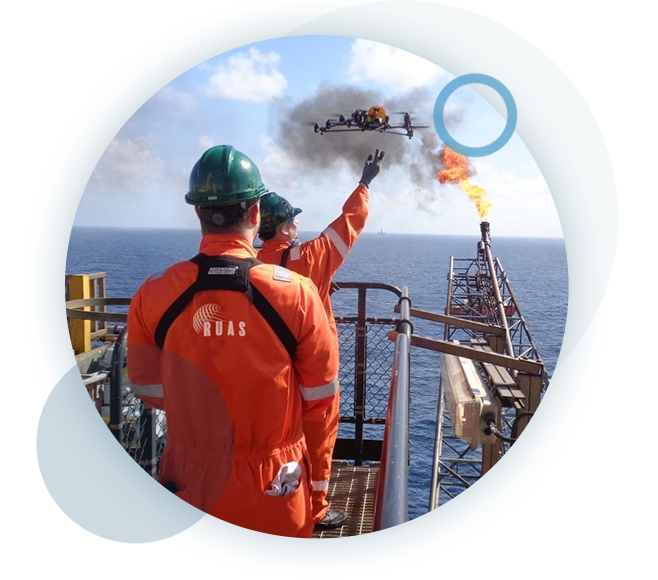 Circular image of the RUAS team releasing a commercial drone to analyse the Siri oil rig. This shows what RUAS is all about.